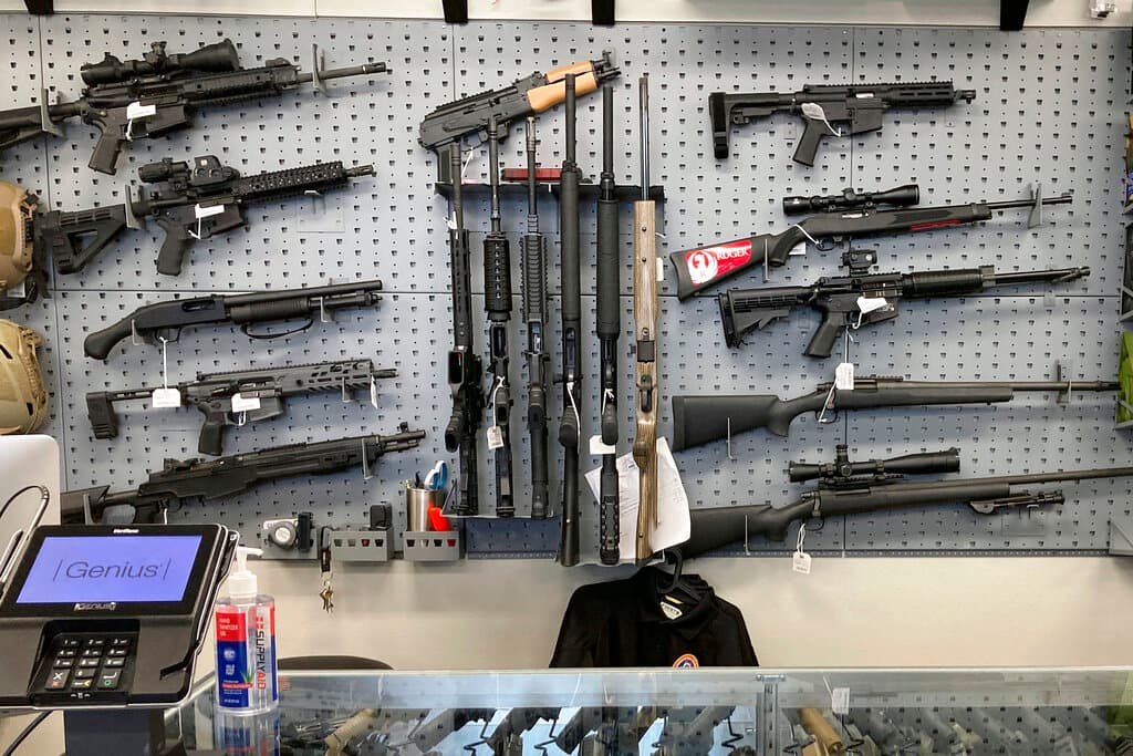 Firearms on display at a gun shop.