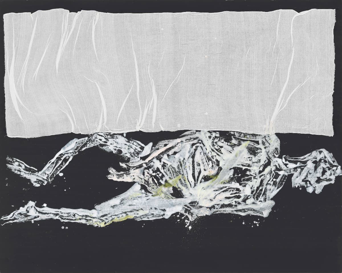 Georg Baselitz, 'Weißes Bett, weiß,' 2022. Oil, dispersion adhesive and fabric on canvas 78 3/4" x 98 7/16".