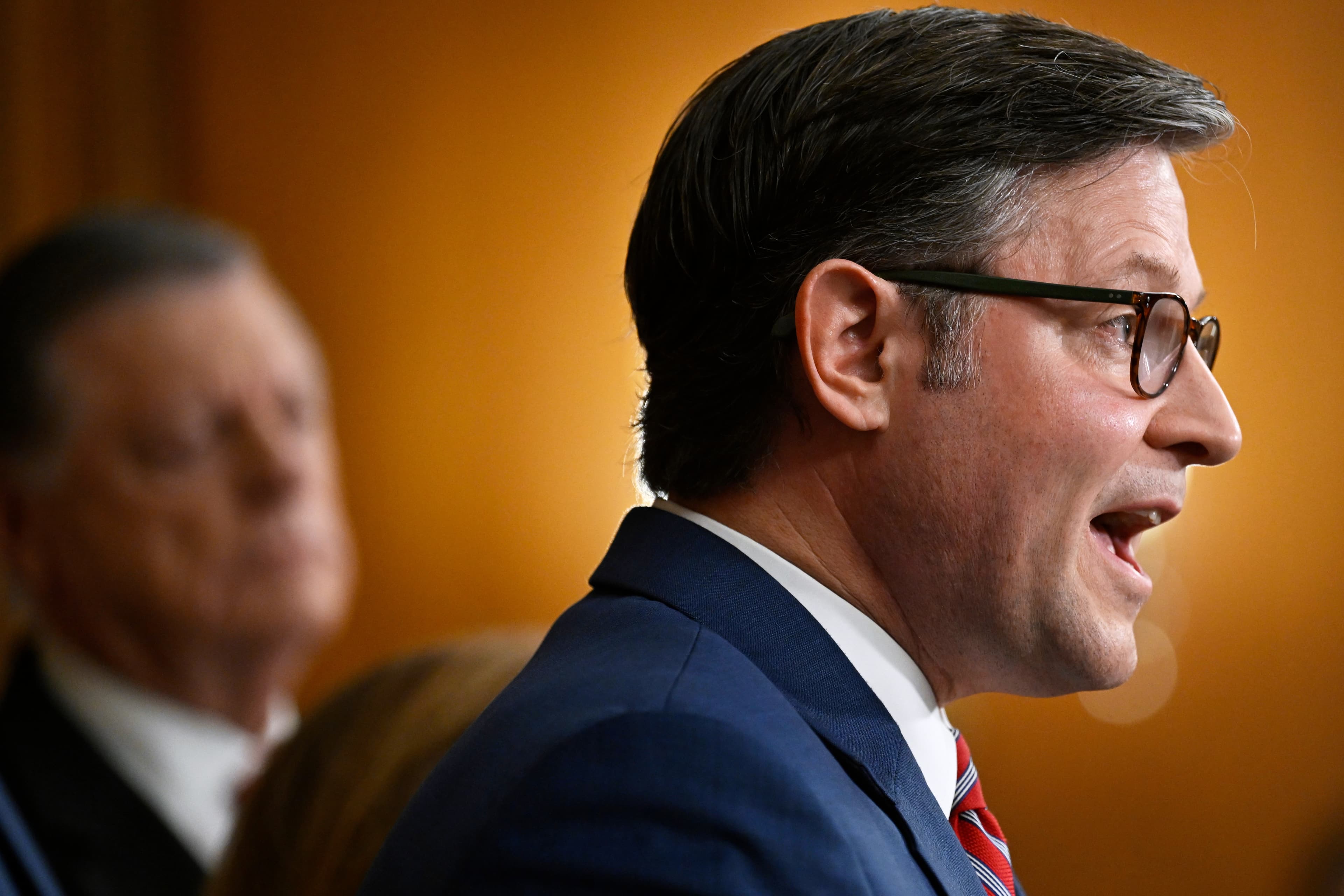 The speaker of the House, Mike Johnson, speaks at a press conference at the U.S. Capitol on October 8, 2025.