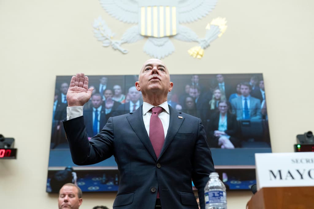 AP/Jose Luis Magana The homeland security secretary, Alejandro Mayorkas, is sworn in before the House Judiciary Committee during a hearing on oversight of his department, on Capitol Hill, July 26, 2023.