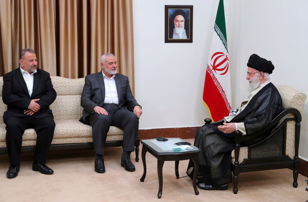 Office of the Iranian Supreme Leader via AP Ayatollah Ali Khamenei, right, meets with the leader of Hamas, Ismail Haniyeh, center, and his deputy Saleh al Arouri, at Tehran, June 21, 2023.