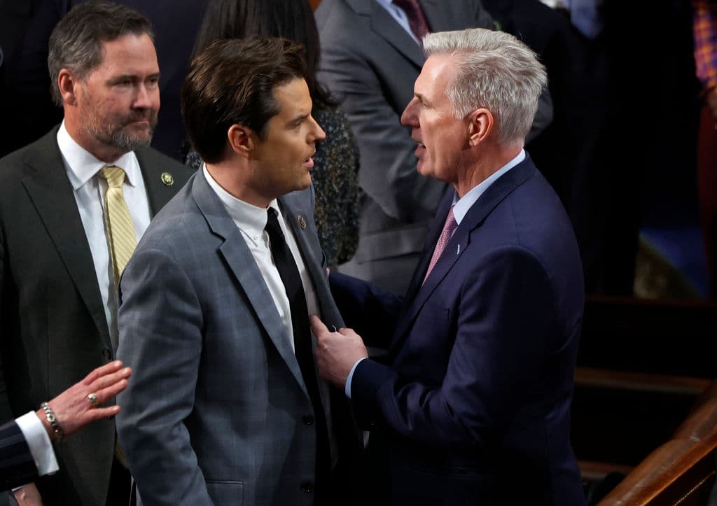 Chip Somodevilla/Getty Images Representatives Kevin McCarthy, left, and Matt Gaetz at the Capitol January 6, 2023.