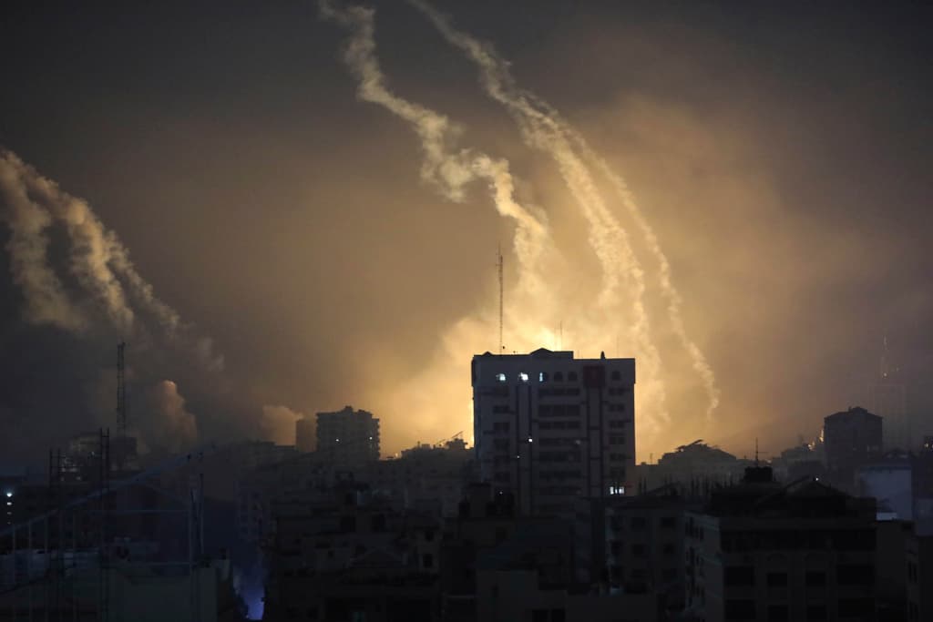 AP/Abed Khaled Smoke and explosions caused by Israeli bombardment are seen on the horizon in northern Gaza, Saturday, Oct. 28, 2023.