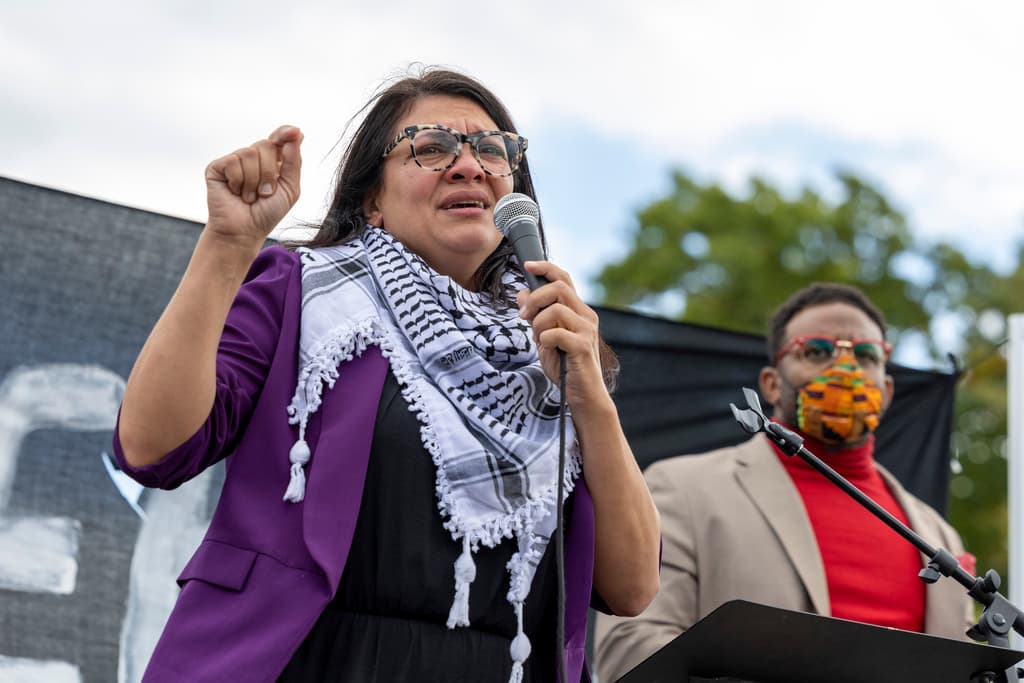 AP/Amanda Andrade-Rhoades Congresswoman Rashida Tlaib speaks during a demonstration calling for a ceasefire in Gaza, Oct. 18, 2023, near the Capitol.