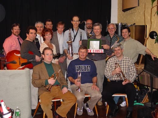 Peter Karl Dan Levinson, standing at center, and other members of the Bix Centennial All Stars.